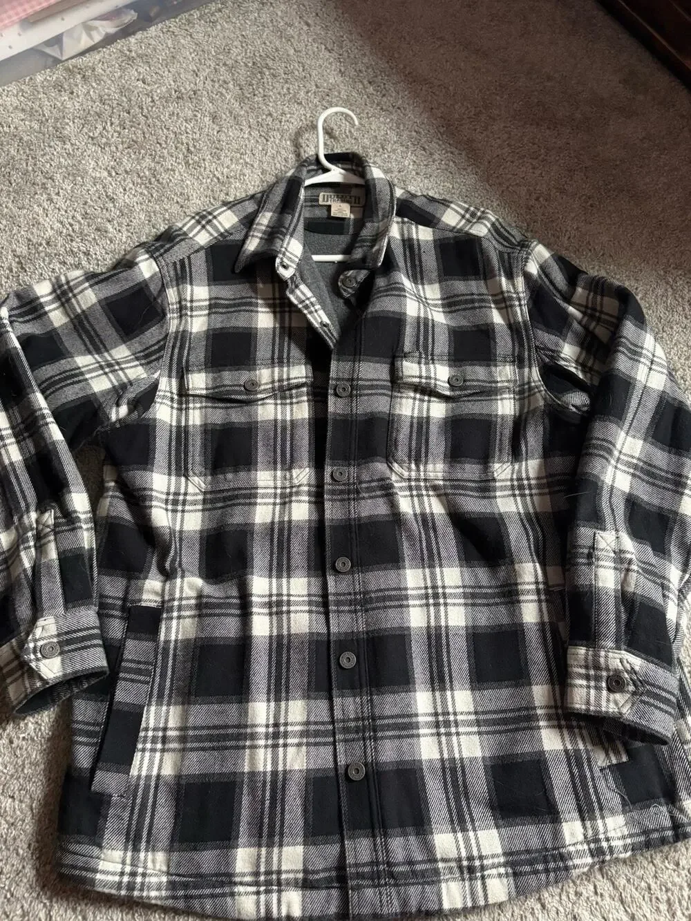 Duluth Trading Jacket Mens Large Black/White Plaid Lined 100% Cotton Outdoor